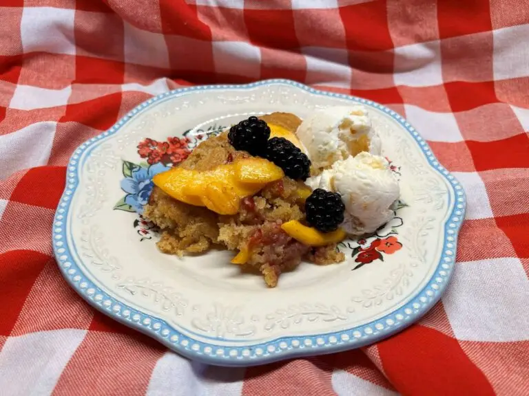Peach blackberry cobbler arranged attractively on a white plate with a blue border on a red and white checked tablecloth